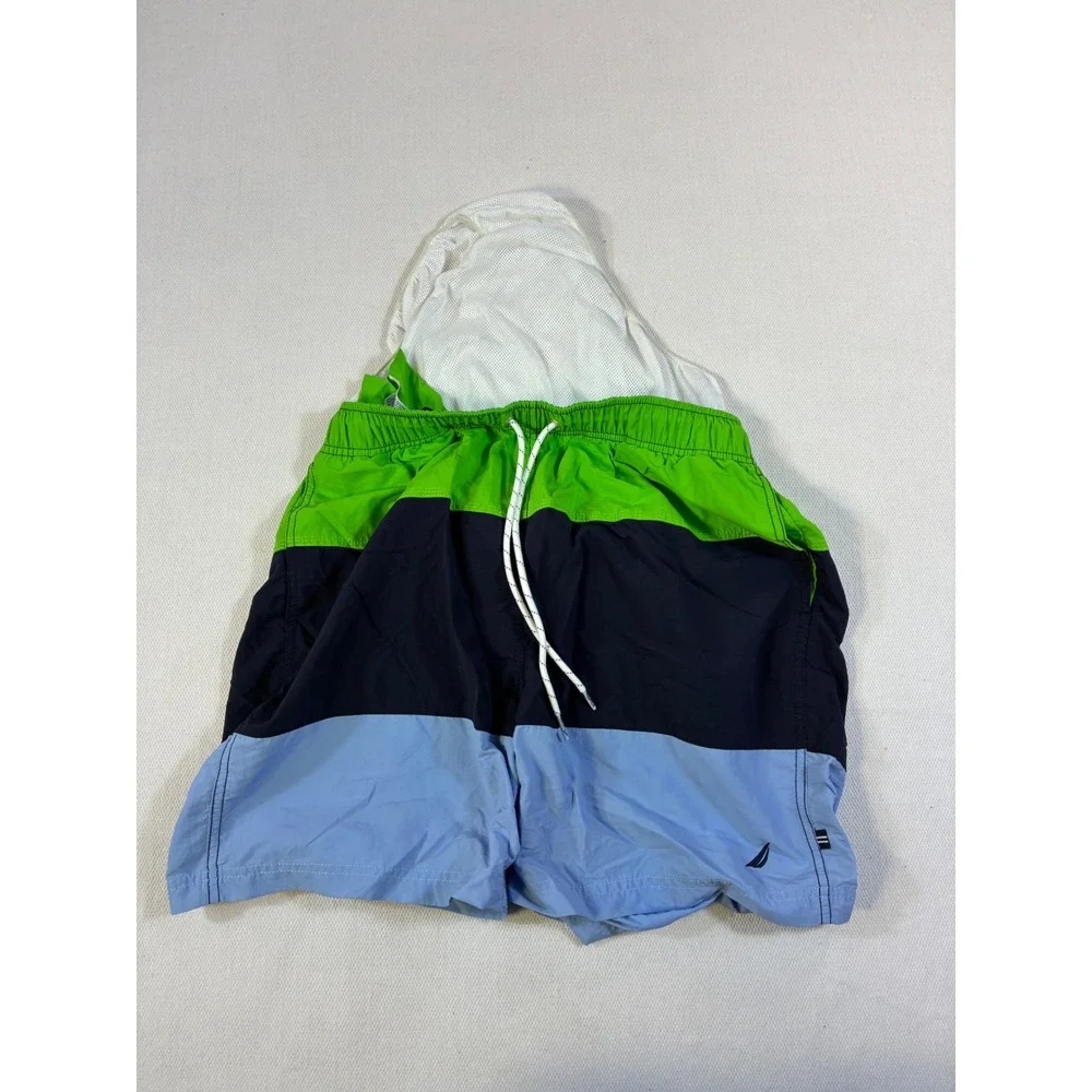 Nautica Mens Colorblock Swim‎ Trunks Green Navy Blue Mesh Lined Size Medium